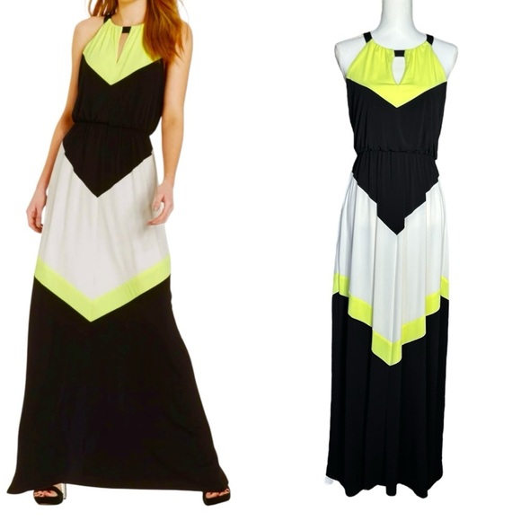 VINCE CAMUTO Black White Yellow Halter Dress Sz 2 Maxi Lined (see measurements) - Picture 1 of 8